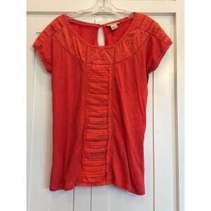 Lucky Brand coral BOHO eyelet insert tee SM 100% Cotton